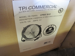 TPI COMMERCIAL FAN BLOWER, 30" MODEL # FE-75DFOL --OR-- CPBS-30-D. LOADING & HANDLING FEE $15-4062